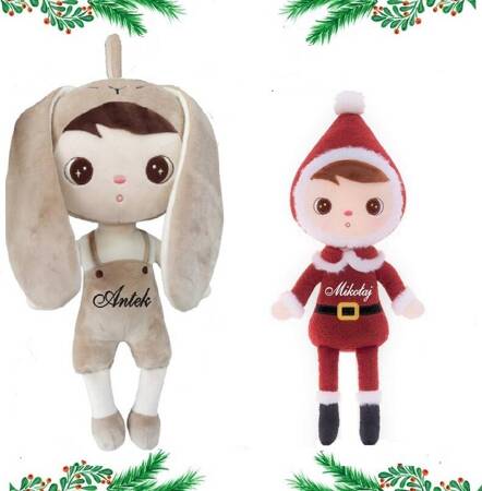 Set of Dolls - Personalized Beige Bunny Boy and Christmas Doll