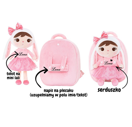 Metoo Personalized Pink Bunny with Bow Backpack with Doll 2in1